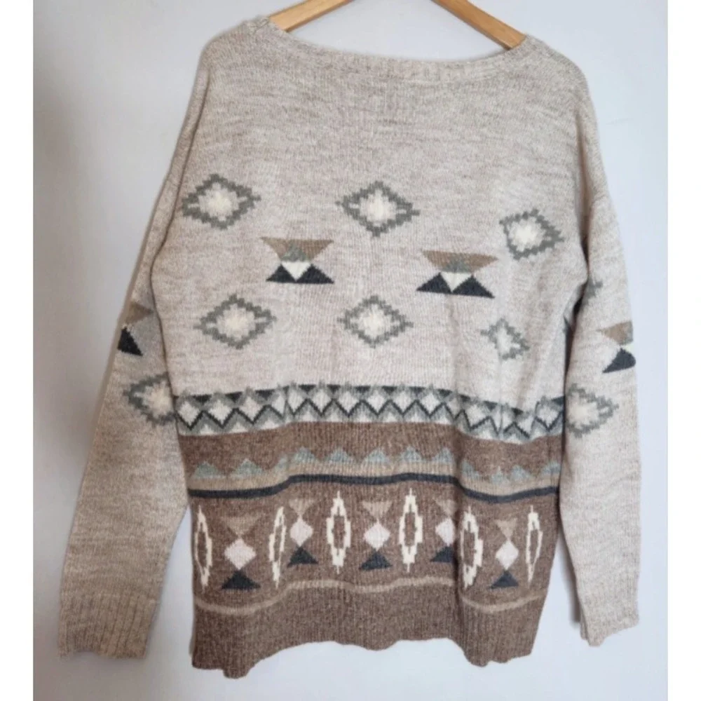American Eagle Outfitters Aztec Wool Blend Sweater Size Large Brown Beige Gray